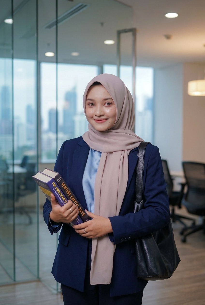 Mahasiswi membawa buku kewirausahaan di ruang kerja modern